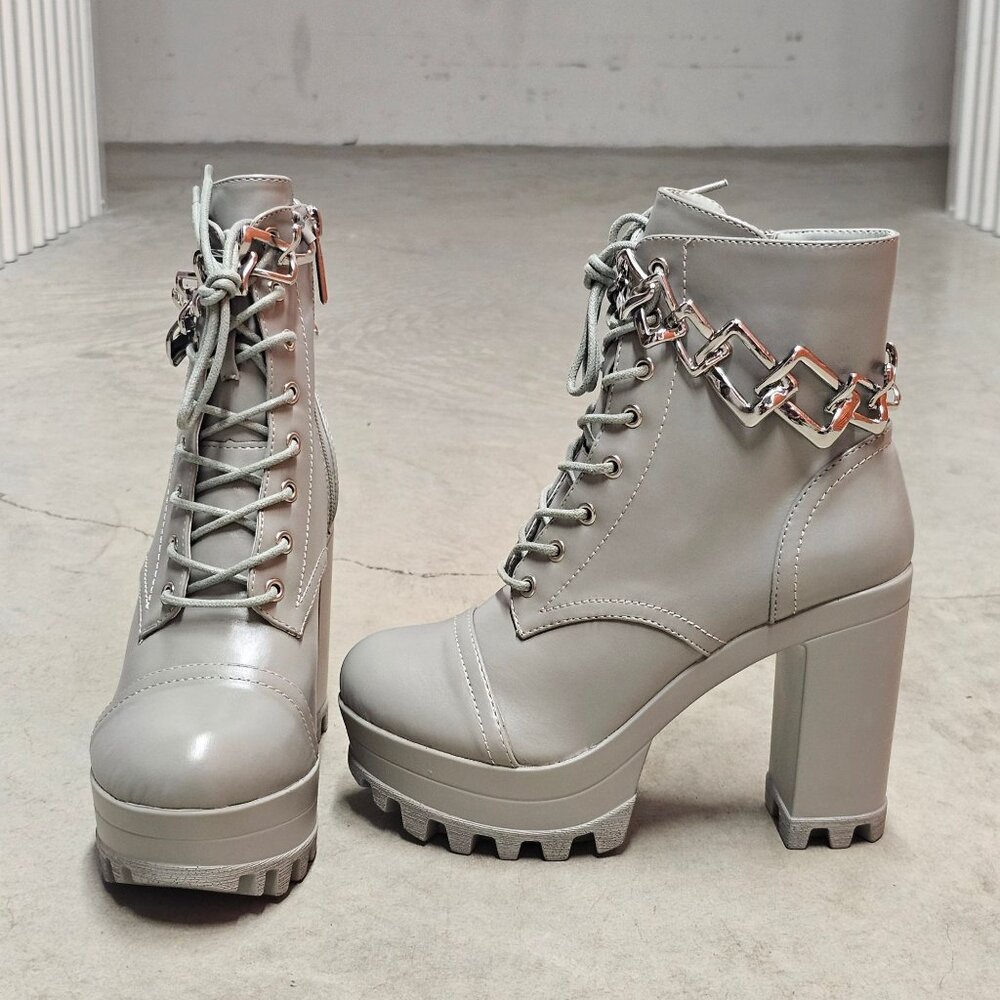Chunky Platform Lace-Up Ankle Boots With Chain Detail In Light Olive Faux Leathe